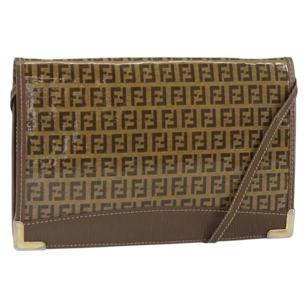 Authentic FENDI Zucchino Canvas Shoulder Bag Coated Canvas Brown Gold